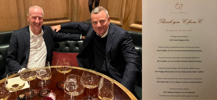 Sir Alex and Christopher sitting at a restaurant with a course menu on the left.