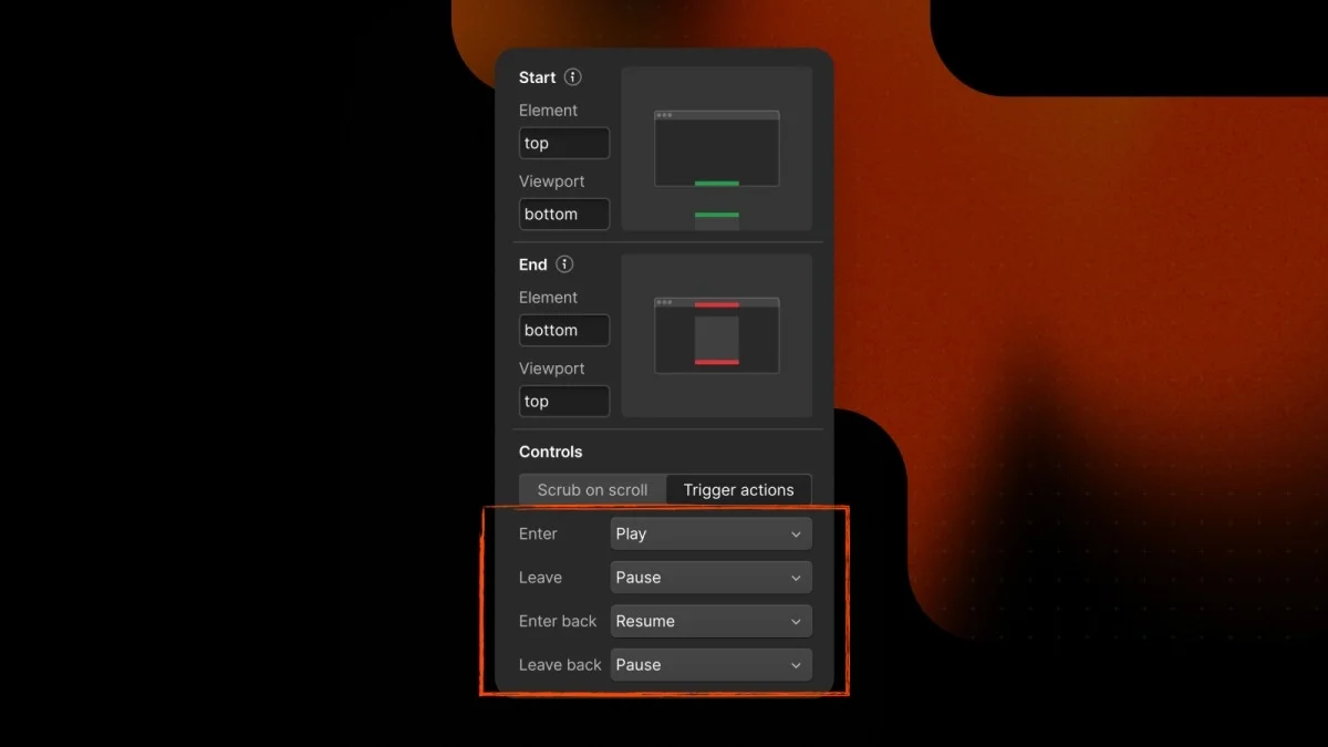 Settings for triggers in the GSAP timeline.